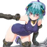  black_gloves black_legwear blue_hair blush breasts covered_navel dd_(ijigendd) doll_joints elbow_gloves frame_arms_girl gloves headgear hresvelgr kneeling mecha_musume medium_breasts one-piece_swimsuit purple_eyes school_swimsuit shiny shiny_clothes shiny_hair shiny_skin short_hair simple_background smile solo swimsuit thighhighs white_background 