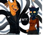  2017 5_fingers abstract_background anthro biped black_nose blue_eyes blue_fur breasts canine cat clothed clothing derp_eyes dialogue duo fangs feline female fox fur gregg_(nitw) humanoid_hands jacket looking_at_another mae_(nitw) male mammal night_in_the_woods open_mouth portrait red_eyes signature slit_pupils snout standing teeth the-star-hunter three-quarter_portrait tongue watermark yellow_fur yellow_sclera 
