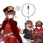  1boy 2girls black_cape black_hair brown_hair cape crossed_arms crossover family_crest fate/grand_order fate_(series) fiery_hair gloves hat koha-ace koto_(kyousougiga) kugimiya_rie kyousougiga long_hair look-alike military military_uniform multiple_girls oda_nobukatsu_(fate/grand_order) oda_nobunaga_(fate) oda_uri ponytail red_cape red_eyes school_uniform seiyuu_connection serafuku shako_cap shikushiku_(amamori_weekly) simple_background smile sweatdrop translated uniform white_background 