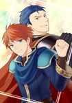  armor blue_cape blue_eyes blue_hair cape eliwood_(fire_emblem) fire_emblem fire_emblem:_rekka_no_ken headband hector_(fire_emblem) kiyuu male_focus multiple_boys pauldrons red_hair short_hair smile 