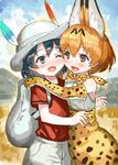  :d ;d animal_ears backpack bag black_hair blonde_hair blue_eyes blush bow bowtie brown_eyes cheek-to-cheek commentary_request elbow_gloves gloves hair_between_eyes hat hat_feather helmet high-waist_skirt hug kaban_(kemono_friends) kemono_friends long_hair looking_at_another multiple_girls one_eye_closed open_mouth pith_helmet ran'ou_(tamago_no_kimi) red_shirt serval_(kemono_friends) serval_ears serval_print shirt short_hair shorts skirt sleeveless sleeveless_shirt smile wavy_hair 