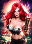  artist_name ayya_saparniyazova blue_eyes breasts cleavage collarbone eyebrows eyelashes grin hair_twirling highres large_breasts league_of_legends lipstick long_hair makeup midriff navel red_hair red_lipstick sarah_fortune smile solo strap_slip watermark web_address 