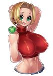  :q absurdres apple aqua_eyes arm_behind_back blonde_hair blue_mary breasts covered_nipples fengmo food fruit highres large_breasts midriff navel short_hair simple_background solo strapless the_king_of_fighters thighs tongue tongue_out tubetop white_background 