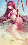  bikini brown_hair derivative_work fate/grand_order fate_(series) flower hair_flower hair_ornament haohe_buguo hibiscus highres long_hair looking_at_viewer parted_lips partially_submerged pink_bikini red_eyes sarong scathach_(fate)_(all) scathach_(swimsuit_assassin)_(fate) see-through smile solo swimsuit very_long_hair water 