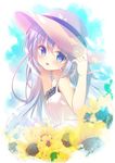  adjusting_clothes adjusting_hat blue_eyes blue_hair blush eyebrows_visible_through_hair flower gochuumon_wa_usagi_desu_ka? hair_ribbon hat kafuu_chino long_hair looking_at_viewer mitsumomo_mamu open_mouth pink_ribbon ribbon smile solo sun_hat sunflower 