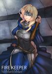  arm_support blonde_hair breasts character_name copyright_name corset dark_souls_iii face_mask fire_keeper long_hair mask medium_breasts negister patreon_username sitting smile solo souls_(from_software) stairs tight watermark web_address yokozuwari 