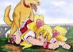  1girl all_fours bestiality blonde_hair blush crying cum cum_in_pussy cure_peach dog doggystyle fresh_precure! hair human interspecies momozono_love outside penetration red_eyes ribbon saliva sex skirt skirt_lift tears tenzen_miyabi tongue tongue_out twintails 