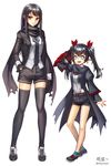  2girls :d age_difference aken black_gloves black_hair black_jacket black_legwear black_neckwear black_scarf black_shorts blush commentary_request earrings fang full_body gloves hair_ribbon hand_in_pocket height_difference highres jacket jewelry long_hair long_sleeves looking_at_viewer multiple_girls necktie open_clothes open_jacket open_mouth open_robe orange_eyes original pendant pointy_ears red_ribbon ribbon robe scarf shirt shoes short_shorts shorts sidelocks smile sneakers standing suit_jacket thighhighs twintails twitter_username white_shirt 