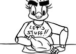  2016 animatronic anthro avian bib bird black_and_white cannibalism chica_(fnaf) chicken english_text female fisting five_nights_at_freddy&#039;s inkyfrog machine meat monochrome robot simple_background smile solo stuffing text video_games white_background 