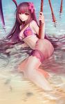  bikini brown_hair derivative_work fate/grand_order fate_(series) flower hair_flower hair_ornament haohe_buguo hibiscus highres long_hair looking_at_viewer parted_lips partially_submerged pink_bikini red_eyes sarong scathach_(fate)_(all) scathach_(swimsuit_assassin)_(fate) see-through smile solo swimsuit sword water weapon 
