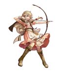  aiming apron arrow blonde_hair boots bow bow_(weapon) bracelet braid brown_eyes brown_footwear capelet drawing_bow effie_(fire_emblem) fire_emblem fire_emblem_echoes:_mou_hitori_no_eiyuuou fire_emblem_heroes full_body highres holding holding_arrow holding_bow_(weapon) holding_weapon jewelry knee_boots konfuzikokon long_hair official_art one_eye_closed open_mouth outstretched_arm simple_background solo twin_braids weapon white_background 