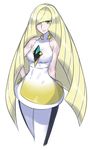  bare_arms bare_shoulders blonde_hair blush breasts commentary_request crystal diamond dress green_eyes hair_over_one_eye hand_on_hip leggings long_hair looking_at_viewer lusamine_(pokemon) medium_breasts mizuumi_(bb) multicolored multicolored_clothes multicolored_dress multicolored_legwear pokemon pokemon_(game) pokemon_sm revision short_dress sleeveless sleeveless_dress smile solo striped striped_legwear two-tone_legwear very_long_hair 