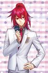  aken card cardfight!!_vanguard closed_mouth commentary_request formal hand_on_hip high_ponytail highres long_hair long_sleeves looking_at_viewer male_focus necktie pant_suit polka_dot polka_dot_background red_eyes red_hair red_neckwear smile solo suit suzugamori_ren twitter_username upper_body 