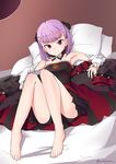  armpits artist_name bangs bare_shoulders barefoot belt black_panties coat detached_collar detached_sleeves dress eyebrows_visible_through_hair fate/grand_order fate_(series) frilled_dress frills hair_ribbon helena_blavatsky_(fate/grand_order) highres juralumin looking_at_viewer lying on_back panties pillow purple_eyes purple_hair ribbon short_hair solo strapless strapless_dress tube_dress underwear 
