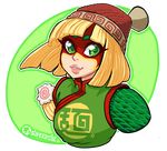  arms_(game) artist_name ashley_ann_swaby bangs beanie blonde_hair chinese_clothes commentary face facepaint green_eyes hat lips min_min_(arms) nose parted_lips portrait profile short_hair signature smile solo transparent_background 