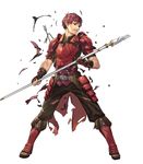  armor arrow boots cuboon fingerless_gloves fire_emblem fire_emblem_echoes:_mou_hitori_no_eiyuuou fire_emblem_heroes full_body gloves highres injury lukas_(fire_emblem) male_focus official_art polearm red_armor red_eyes red_hair simple_background solo spear teeth torn_clothes weapon white_background 
