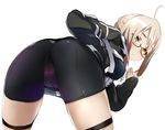  ahoge artoria_pendragon_(all) ass bent_over bike_shorts black-framed_eyewear blonde_hair cameltoe commentary cowboy_shot dark_persona fate/grand_order fate_(series) from_behind glasses highres hood hooded_track_jacket jacket looking_at_viewer looking_back mysterious_heroine_x_(alter) semi-rimless_eyewear shimejinameko solo sportswear thigh_strap thighs track_jacket yellow_eyes 