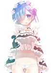  blue_eyes blue_hair blush detached_sleeves dress dress_lift eyebrows_visible_through_hair hair_ribbon long_sleeves looking_at_viewer maid maid_headdress mitsumomo_mamu open_mouth panties pink_ribbon re:zero_kara_hajimeru_isekai_seikatsu rem_(re:zero) ribbon short_hair smile solo underwear white_panties 