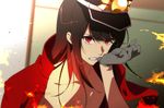  1boy anime_coloring bad_id bad_twitter_id black_hair dressing fate/grand_order fate_(series) fiery_hair fire gloves grey_gloves hair_down hat male_focus mouth_hold oda_nobukatsu_(fate/grand_order) red_eyes red_shirt shako_cap shirt shirtless solo twitter_username upper_body 