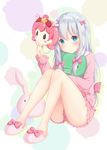  amashiro_natsuki blue_eyes bow comet-kun eromanga_sensei highres hoshikuzu_witch_meruru hug izumi_sagiri knees_together_feet_apart legs long_hair mask mask_removed meruru_(oreimo) pajamas pink_pajamas pink_shirt pink_shorts ribbon shirt short_shorts shorts silver_hair sitting slippers solo stuffed_toy 