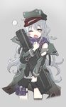  assault_rifle blush blush_stickers brown_hair character_name cowboy_shot eyebrows eyebrows_visible_through_hair g11 g11_(girls_frontline) girls_frontline gun hat highres holster jacket long_hair looking_at_viewer messy_hair one_eye_closed phonepic rifle shorts silver_hair solo thigh_holster tired weapon yawning 