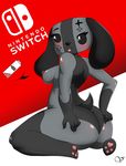 2017 animated anthro anus areola battery big_butt blush breasts butt canine dog female game_(disambiguation) hand_on_butt invalid_tag looking_at_view looking_back mammal nintendo nintendo_switch nipples pawpads simple_background slightly_chubby small_breasts solo speech_bubble switch_dog tongue tongue_out video_games zzvinniezz 