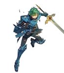  alm_(fire_emblem) arai_teruko armor armored_boots boots fire_emblem fire_emblem_echoes:_mou_hitori_no_eiyuuou fire_emblem_heroes full_body gloves green_eyes green_hair headband highres injury left-handed male_focus official_art open_mouth simple_background solo sword teeth torn_clothes weapon white_background 
