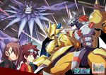  1boy 1girl armor bandai cherubimon claws degarashi_(ponkotsu) digimon dragon fallen_angel full_armor helmet hons magnamon muscle smile wargreymon weapon 