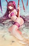  bikini brown_hair derivative_work fate/grand_order fate_(series) flower hair_flower hair_ornament haohe_buguo hibiscus highres long_hair looking_at_viewer parted_lips partially_submerged pink_bikini red_eyes scathach_(fate)_(all) scathach_(swimsuit_assassin)_(fate) smile solo swimsuit sword water weapon 