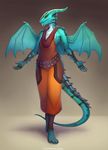  4_toes 5_fingers anthro armor barefoot blue_skin clothed clothing digitigrade dragon female flat_chested membranous_wings runes smile solo standing sythgara toes wings yellow_eyes 