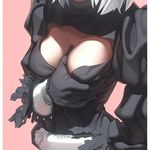  aconitea black_dress black_gloves breast_grab breasts cleavage cleavage_cutout close-up dress feather-trimmed_sleeves gloves grabbing grabbing_own_breast head_out_of_frame highres juliet_sleeves large_breasts long_sleeves nier_(series) nier_automata pink_background puffy_sleeves self_fondle short_hair silver_hair simple_background solo vambraces yorha_no._2_type_b 