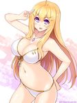  ahoge bikini blonde_hair blush breasts cleavage cu-no fang front-tie_bikini front-tie_top hair_ornament hairclip hakurei_botan hisenkaede jewelry large_breasts long_hair looking_at_viewer navel necklace open_mouth purple_eyes salute sketch smile solo swimsuit white_bikini 