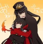  1boy 1girl anime_coloring bad_id bad_twitter_id black_cape brother_and_sister cape crying fate/grand_order fate_(series) fiery_hair gloves gradient gradient_background hat hat_removed headwear_removed height_difference hug koha-ace long_hair oda_nobukatsu_(fate/grand_order) oda_nobunaga_(fate) ponytail red_cape red_eyes shako_cap siblings simple_background white_gloves yellow_background 