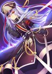  absurdres altair_(re:creators) belt bracer commentary_request gauntlets gloves greatcoat hair_ribbon hat high_collar highres kibanda_gohan long_hair military military_uniform purple_hair re:creators red_eyes ribbon saber_(weapon) shako_cap simple_background solo sword uniform very_long_hair weapon white_hair 
