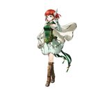  absurdres bangs boots breasts cape elbow_gloves feathers fire_emblem fire_emblem:_rekka_no_ken fire_emblem_heroes full_body gloves green_eyes hair_ornament highres kaya8 knee_boots looking_at_viewer medium_breasts official_art priscilla_(fire_emblem) red_hair see-through short_hair simple_background skirt sleeveless smile solo white_gloves 