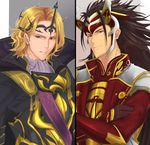  armor blonde_hair brown_eyes brown_hair cape circlet commentary_request crossed_arms fire_emblem fire_emblem_if gloves gold_trim headpiece highres horns long_hair male_focus marks_(fire_emblem_if) multiple_boys red_eyes ryouma_(fire_emblem_if) sou_mei tassel teeth upper_body 