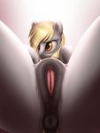  2017 amber_eyes animal_genitalia animal_pussy blonde_hair clitoris derpy_hooves_(mlp) equine equine_pussy female feral friendship_is_magic gradient_background hair horse jeki looking_at_viewer mammal my_little_pony pony pussy simple_background solo spread_pussy spreading 