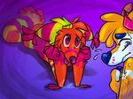  2017 abstract_background anthro bandetto big_eyes canine clothing crown cute dog duo embarrassed fox fur gradient_background hi_res idoodle2draw inflatable lapfox_trax living_inflatable lying male male/male mammal nude on_side orange_skin pi&ntilde;ata pool_toy puppy_eyes purple_fur red_fur romantic_couple signature simple_background sweat sweat_drops the_quick_brown_fox tongue tongue_out translucent white_skin 