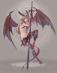  absurdres arm_belt bare_shoulders breasts commentary_request deluxe&lt;&lt;&lt; dragon_girl dragon_wings full_body grey_background grey_hair hair_between_eyes highres horns huge_weapon leg_belt long_hair looking_at_viewer lowleg lowleg_pants monster_girl navel original pants pink_eyes pointy_ears ripples scales small_breasts solo stomach sword tail talons weapon wings 