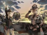  adjusting_clothes adjusting_hat aircraft airplane anchor anchor_hair_ornament aqua_eyes black_gloves black_legwear black_ribbon black_skirt blonde_hair cannon capelet character_name cloud flight_deck gloves graf_zeppelin_(kantai_collection) hair_between_eyes hair_ornament hat highres iron_cross jacket kantai_collection long_hair low_twintails machinery microskirt military military_hat military_uniform miniskirt multiple_girls necktie ocean pantyhose peaked_cap prinz_eugen_(kantai_collection) ribbon sidelocks skirt suika_(azelf49386) sun sunset turret twintails uniform water white_gloves 