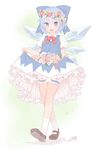  bloomers blue_bow blue_eyes blue_hair blue_skirt bow brown_footwear cirno flower full_body hair_bow hair_flower hair_ornament head_wreath highres ice ice_wings lifted_by_self looking_at_viewer mary_janes miniskirt petticoat puffy_short_sleeves puffy_sleeves sakurea shoes short_hair short_sleeves skirt skirt_basket skirt_lift skirt_set smile socks solo touhou underwear vest walking white_legwear wings 