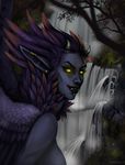  2016 demon detailed_background ear_piercing entsk eyelashes feathers female outside piercing purple_feathers smile solo teeth waterfall yellow_eyes 