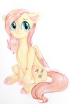  blue_eyes cutie_mark equine feathered_wings feathers fluttershy_(mlp) friendship_is_magic fur hair hooves mammal my_little_pony pegasus pink_hair rizzych sitting smile traditional_media_(artwork) underhoof wings yellow_fur 