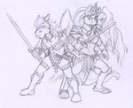  2017 anthro armband armor bikini boots breasts chainmail_bikini cleavage clothed clothing collar crown duo equine feathered_wings feathers female footwear friendship_is_magic gloves greaves holding_object holding_weapon horn horse jewelry mammal melee_weapon midriff my_little_pony navel necklace open_mouth princess_luna_(mlp) rabbi-tom red_shetland sketch standing swimsuit sword unconvincing_armor vambraces weapon winged_unicorn wings 