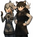  animal_ears antlers belt bird bird_tail bird_wings black_gloves black_hair bodystocking collared_shirt commentary_request feathered_wings fingerless_gloves gloves grey_hair grey_neckwear grey_shirt grey_shorts harau head_wings kemono_friends long_hair low_ponytail moose_(kemono_friends) moose_ears multicolored_hair multiple_girls necktie open_mouth orange_hair pantyhose pocket shirt shoebill_(kemono_friends) short_sleeves shorts side_ponytail silver_hair skirt white_neckwear wings 
