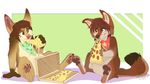  ambiguous_gender bandanna canine duo feral food fur hair maid. mammal pizza sitting smile 