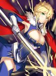  absurdres armor armored_dress artoria_pendragon_(all) artoria_pendragon_(lancer) blonde_hair blush c3yooooo cape covered_navel cowboy_shot crown dress energy fate/grand_order fate_(series) fur_trim gloves green_eyes highres holding holding_weapon jewelry lance looking_at_viewer mature navel pauldrons polearm short_hair sidelocks smile solo weapon 