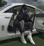  alcohol anthro beverage canine clothed clothing footwear hat male mammal rolls-royce shoes sitting solo tacklebox wine 
