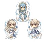  1boy 2girls aqua_(fire_emblem_if) aqua_hair asymmetrical_legwear barefoot chibi dress elbow_gloves female_my_unit_(fire_emblem_if) fingerless_gloves fire_emblem fire_emblem_heroes fire_emblem_if gloves komainu_nekotarou long_hair male_my_unit_(fire_emblem_if) multiple_girls my_unit_(fire_emblem_if) nintendo pointy_ears red_eyes short_hair sidelocks simple_background sleeveless sleeveless_dress standing stone veil water white_background white_dress white_gloves white_hair yellow_eyes younger 