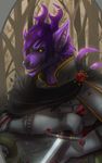  anthro armor black_nose detaield_background entsk forest fur hair holding_object holding_weapon hybrid male melee_weapon purple_fur purple_hair smile solo sword tree weapon yellow_eyes 